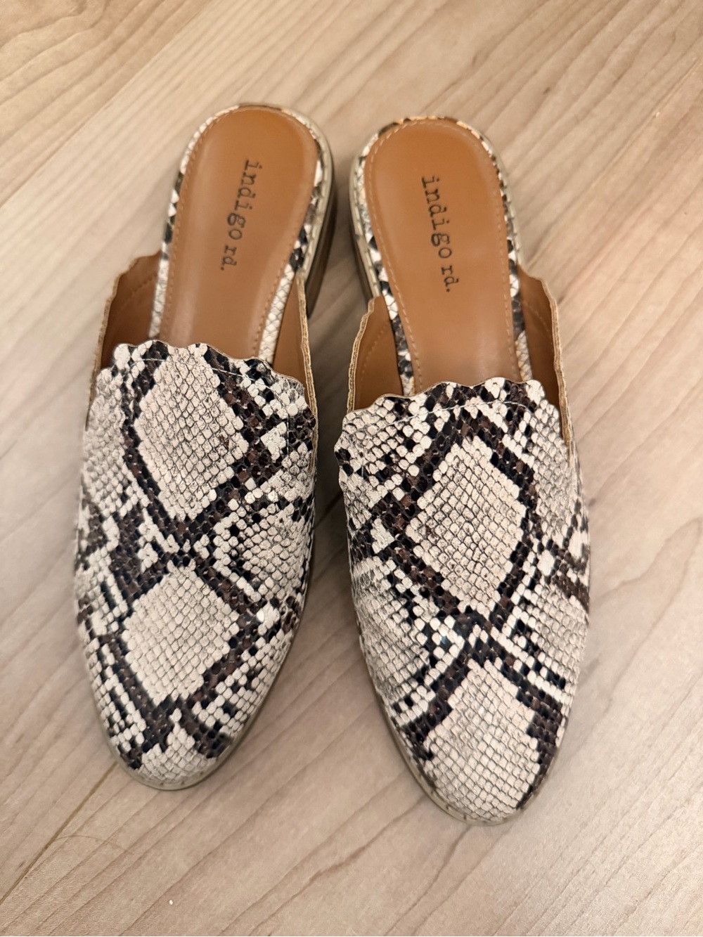 Indigo Snake-Print Slip-On Mules in Beige and Brown
